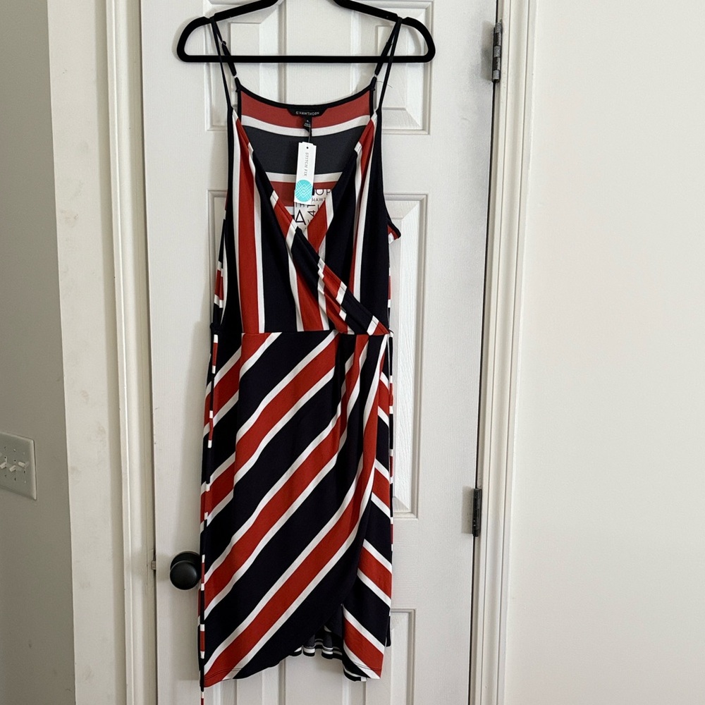 NWT: 41 Hawthorn Navy Blue and Orange Striped Wrap Midi Dress